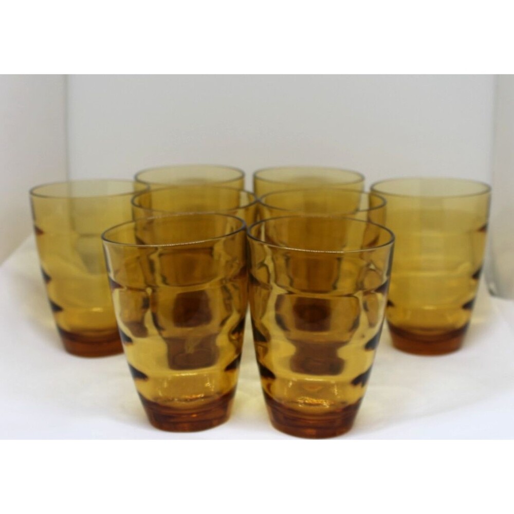 8 Vintage Hazel Atlas Waterfall Amber Drinking Glass Tumbler Beehive 8oz